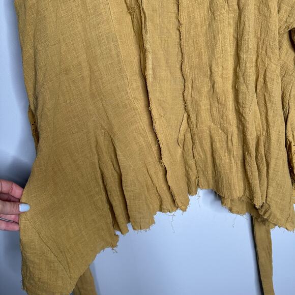 Kye Mi Women’s Mustard Cotton Tie Waist Bell Crochet Sleeved Cover Up Size M NWT - Picture 5 of 8